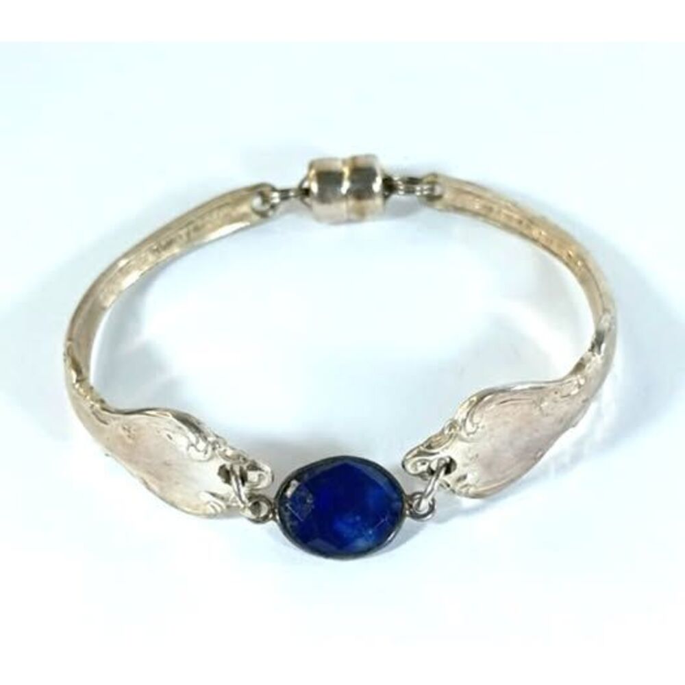 Vintage International Silver Spoon Bracelet Lapis Lazuli Upcycled Bangle Boho